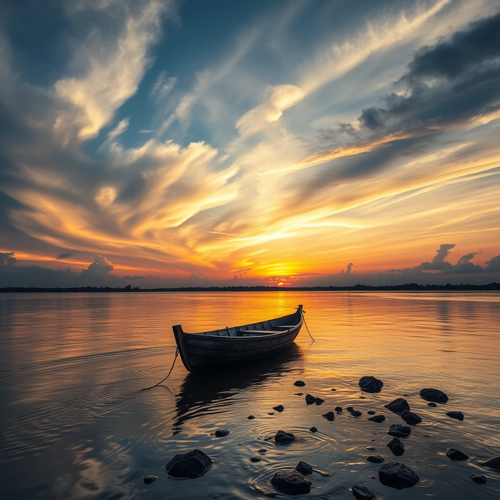 Wooden boat on calm river at sunset with distant horizon