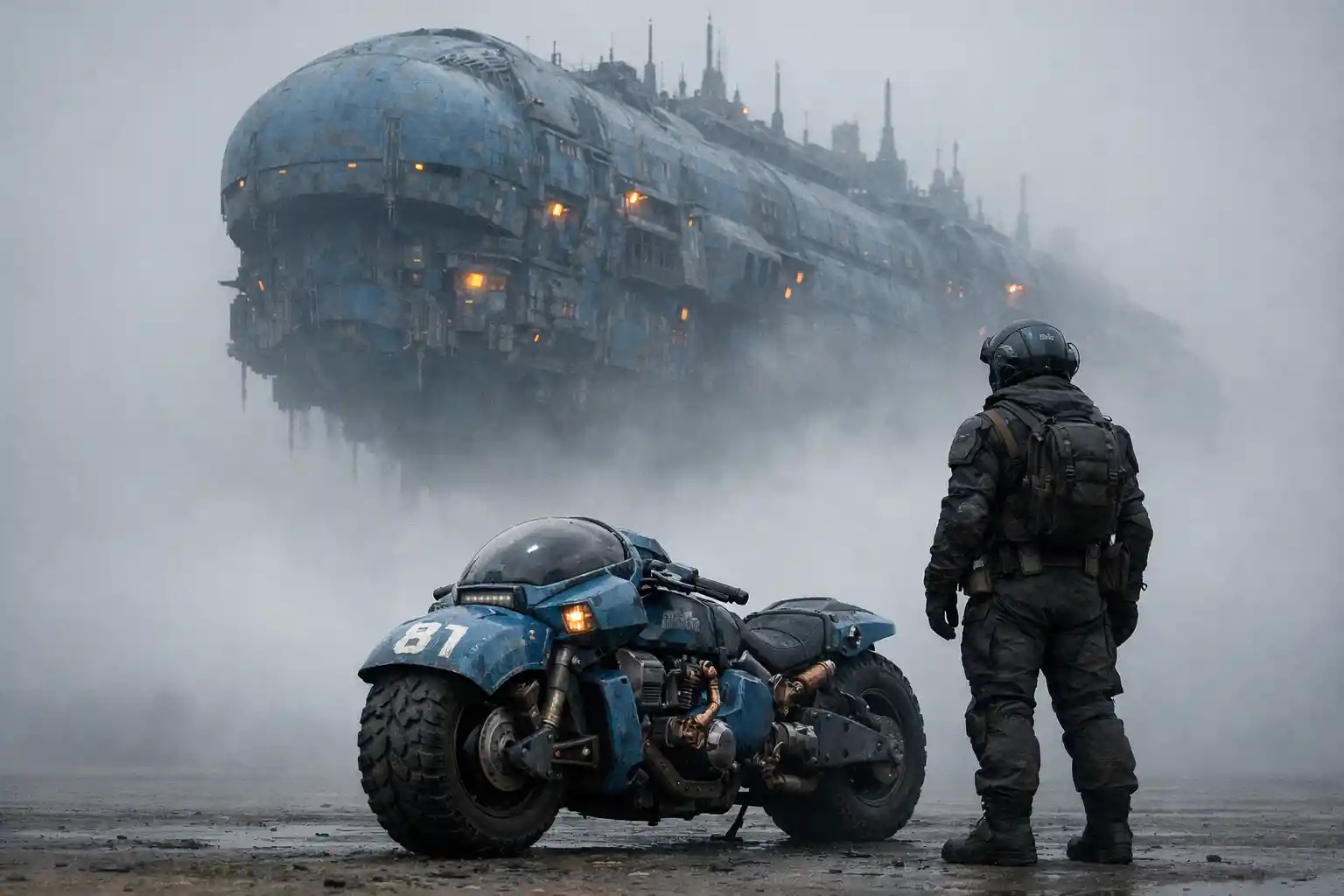 Nebliges blaues Raumschiff über einem einsamen futuristischen Motorrad