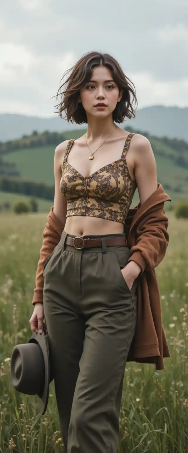Young woman in meadow with cinematic fashion style
