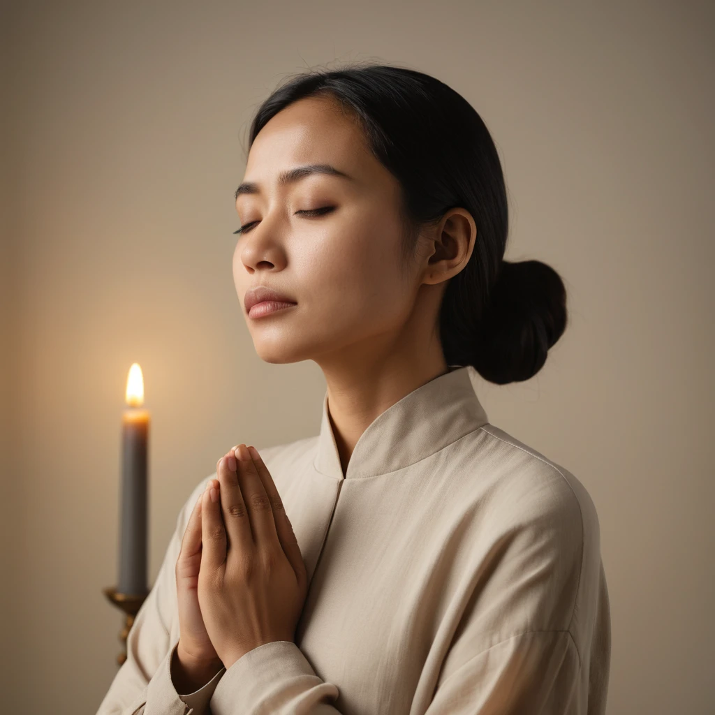 Indonesian woman standing with closed eyes in soft candlelight