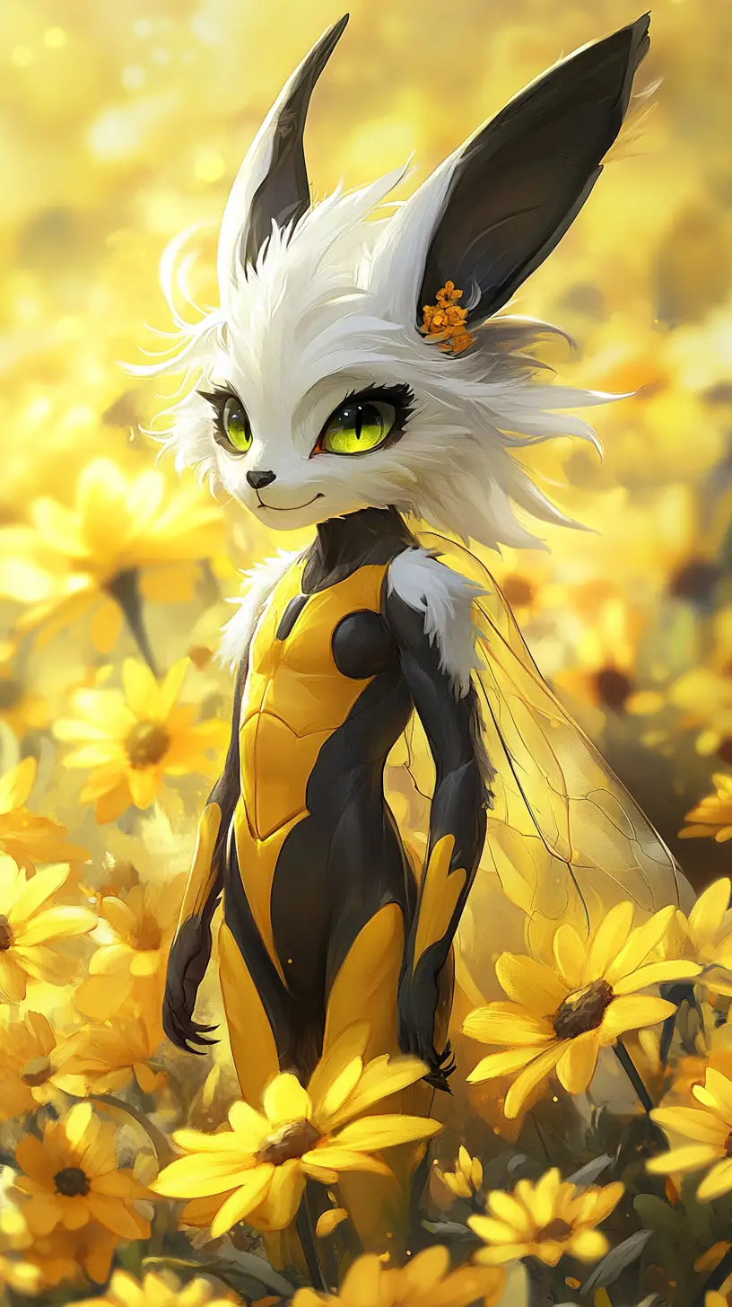 Whimsical Bee Like Humanoid In Yellow Flower Field