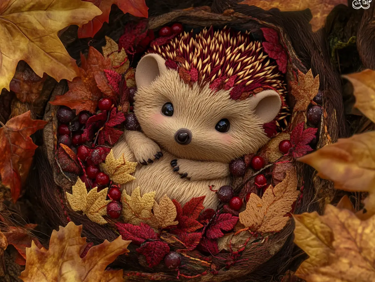 Cozy Embroidered Baby Hedgehog In Autumn Woodland Burrow