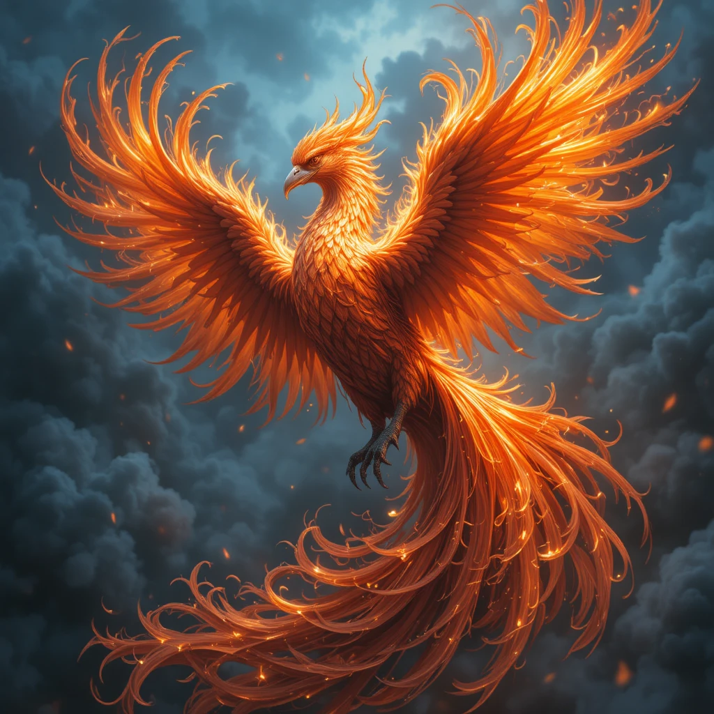 Fiery phoenix soaring against a dark smoky sky