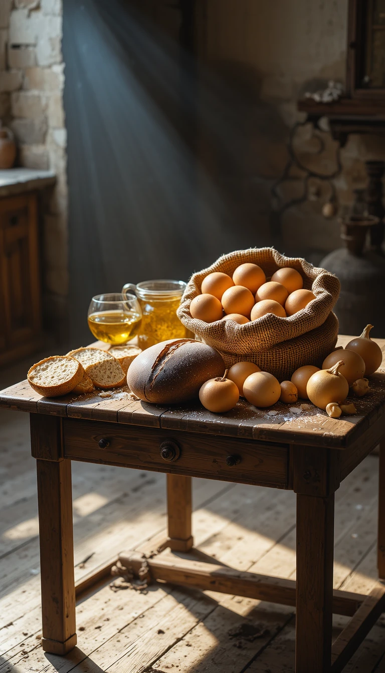 Bodegón rústico de pan, huevos y cebollas sobre la mesa