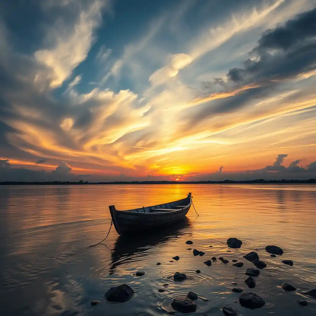 Wooden boat on calm river at sunset with distant horizon