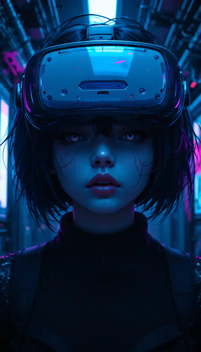 Cyberpunk anime girl with neon vr headset close up