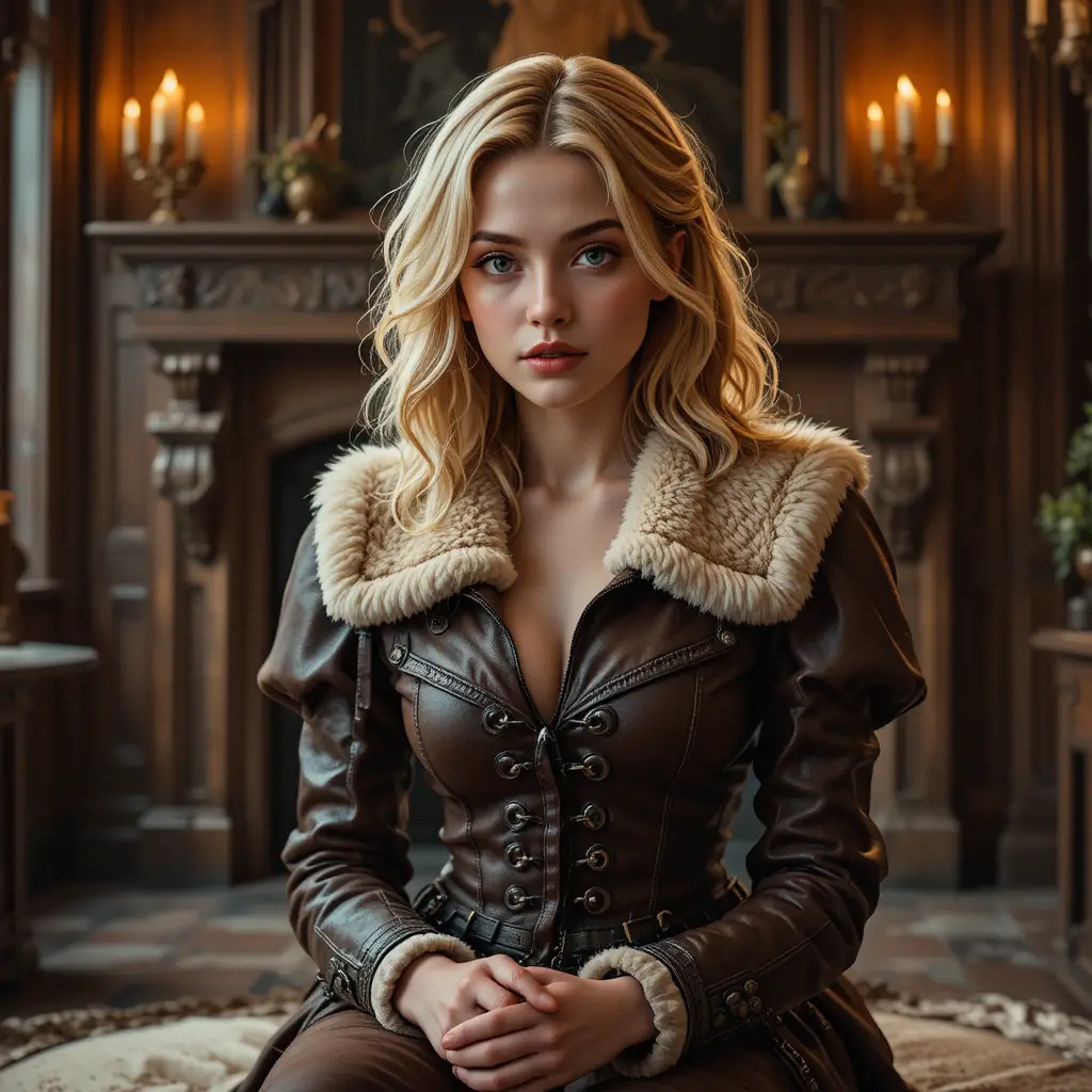 Fantasy woman in leather jacket in warm candlelit interior