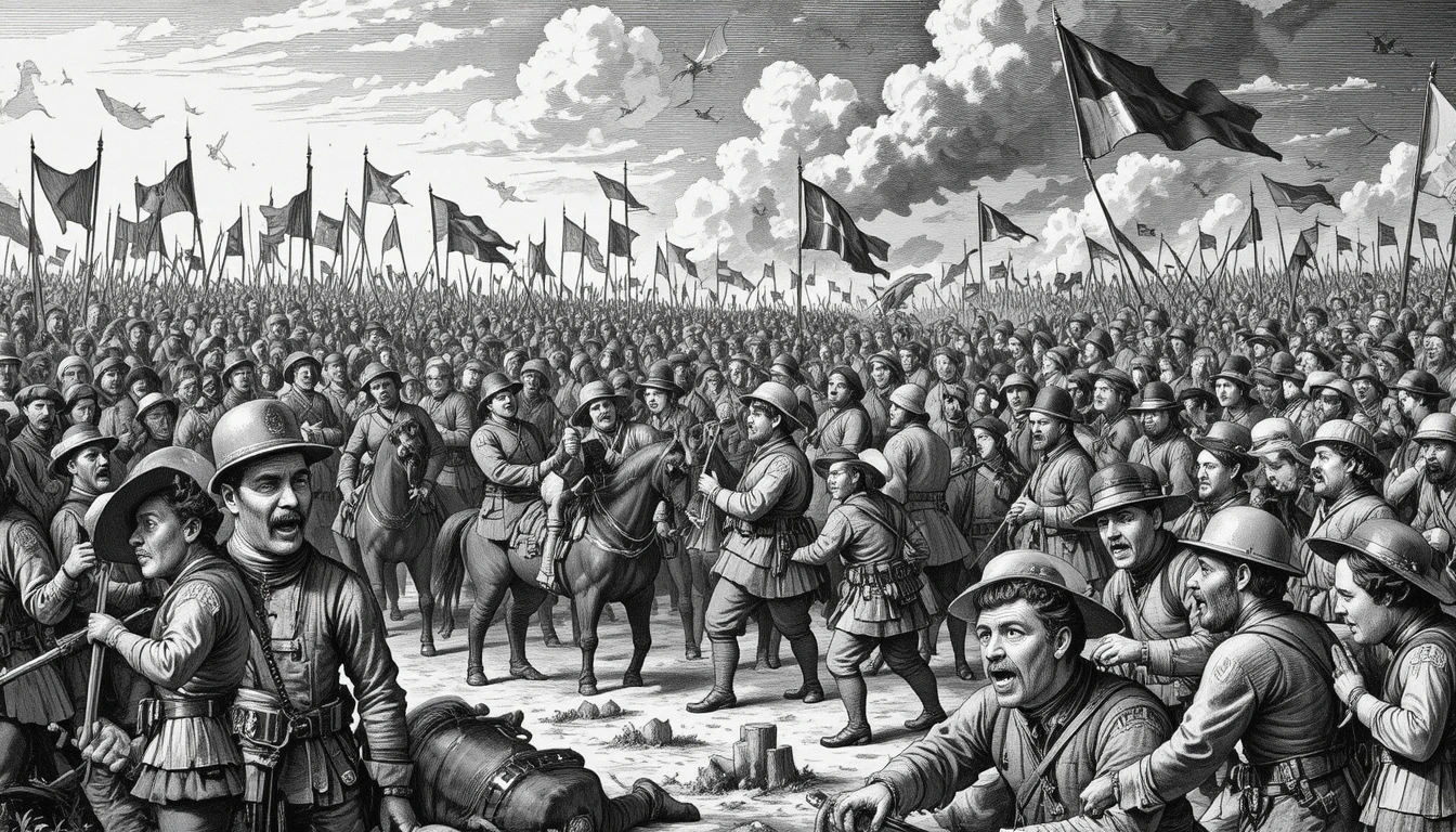 Chaotic Battle Scene With Soldiers And Horses In Engraved Style
