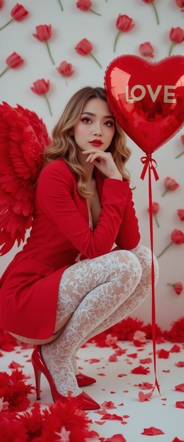 Mujer con blazer rojo, globo en forma de corazón y alas