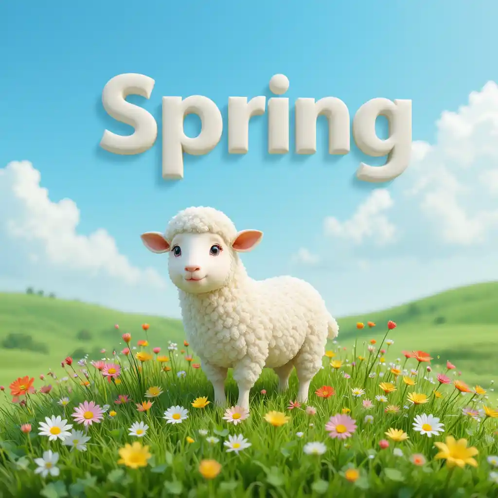 Oveja 3D adorable en un prado de primavera con tipografía en negrita