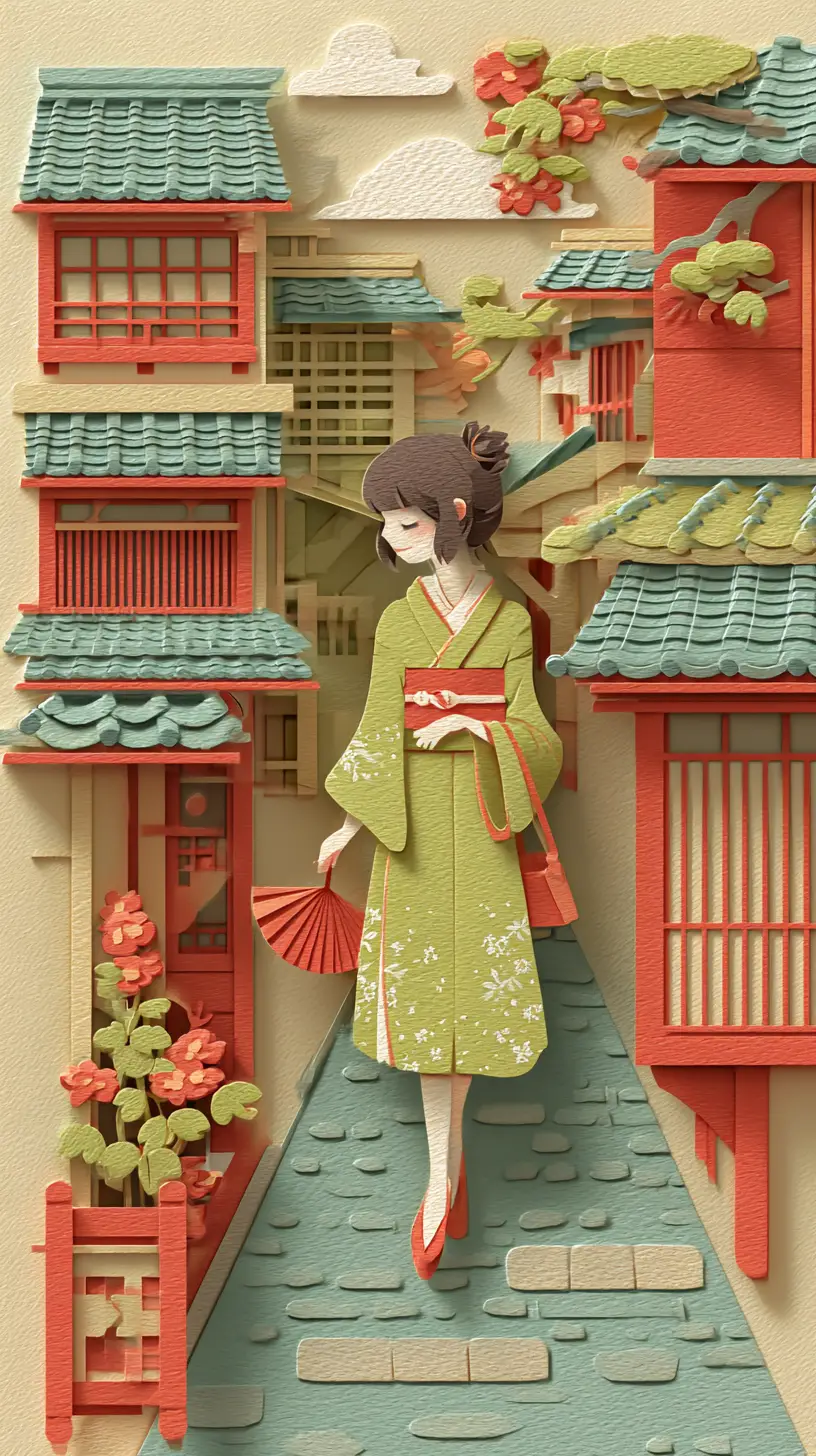 Elegant Japanese Girl In Kyoto Inspired Paper Art Scene