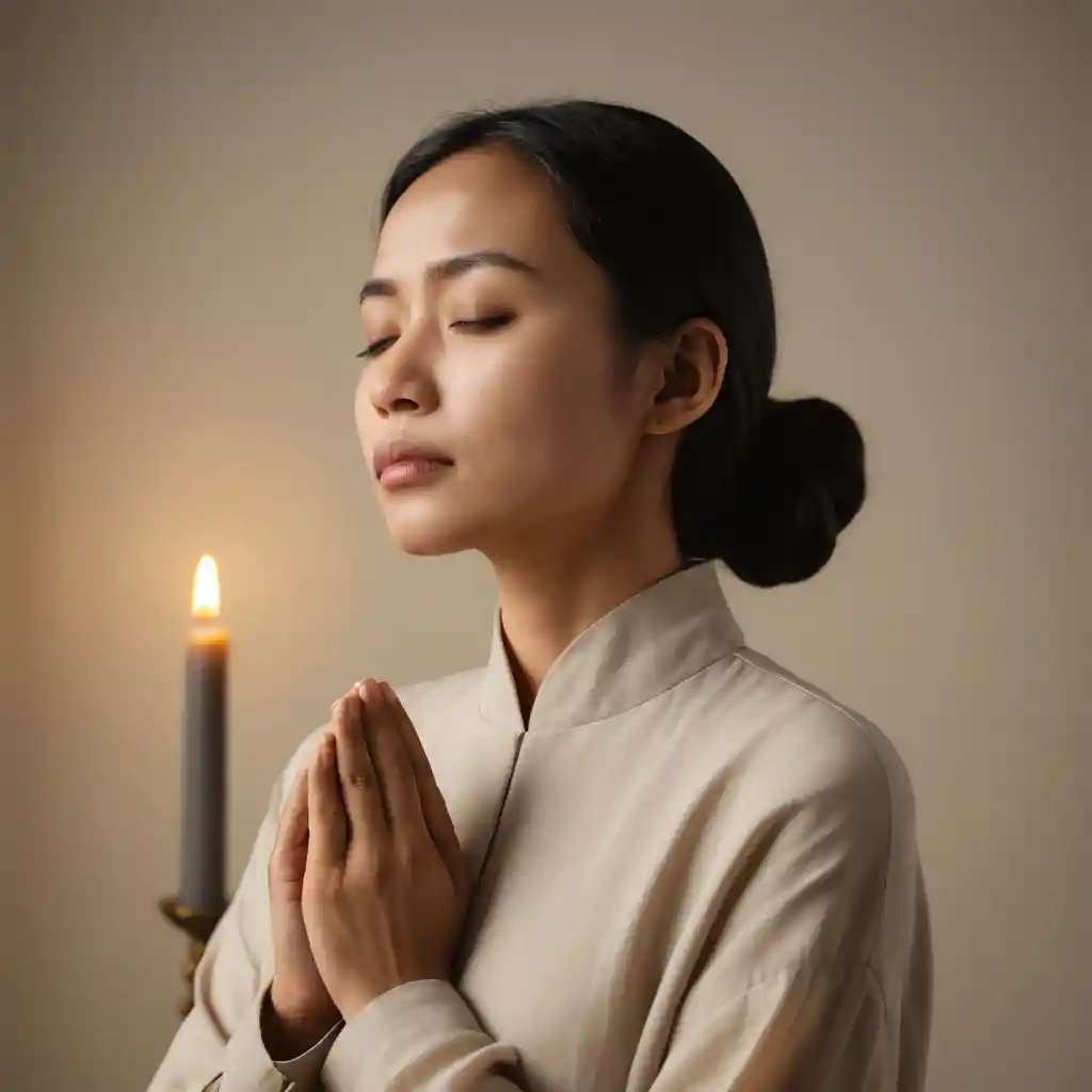 Indonesian woman standing with closed eyes in soft candlelight