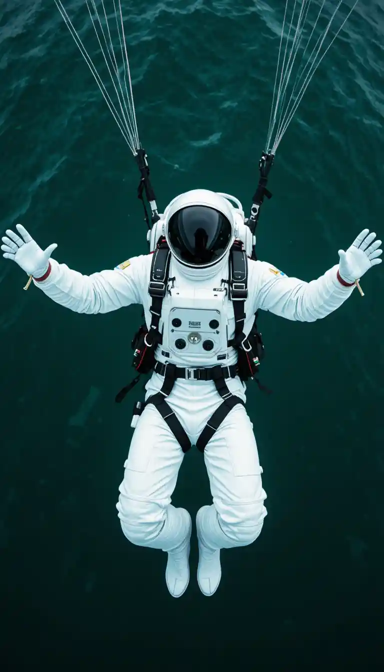 Astronaut Skydiving Toward A Deep Green Ocean