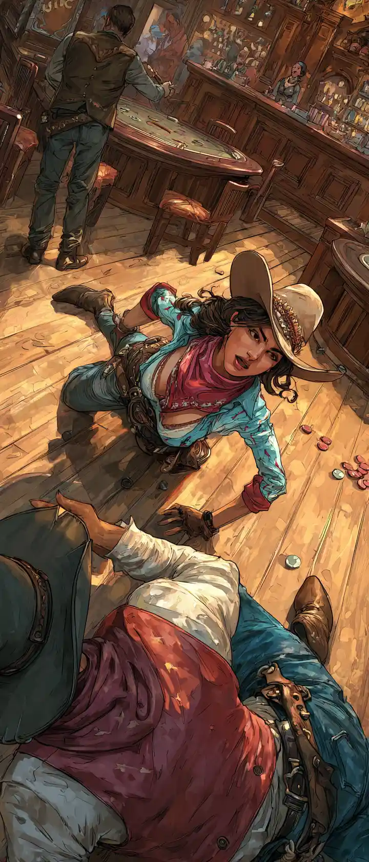 Cowgirl Riding Cowboy In Lively Old Saloon Interior