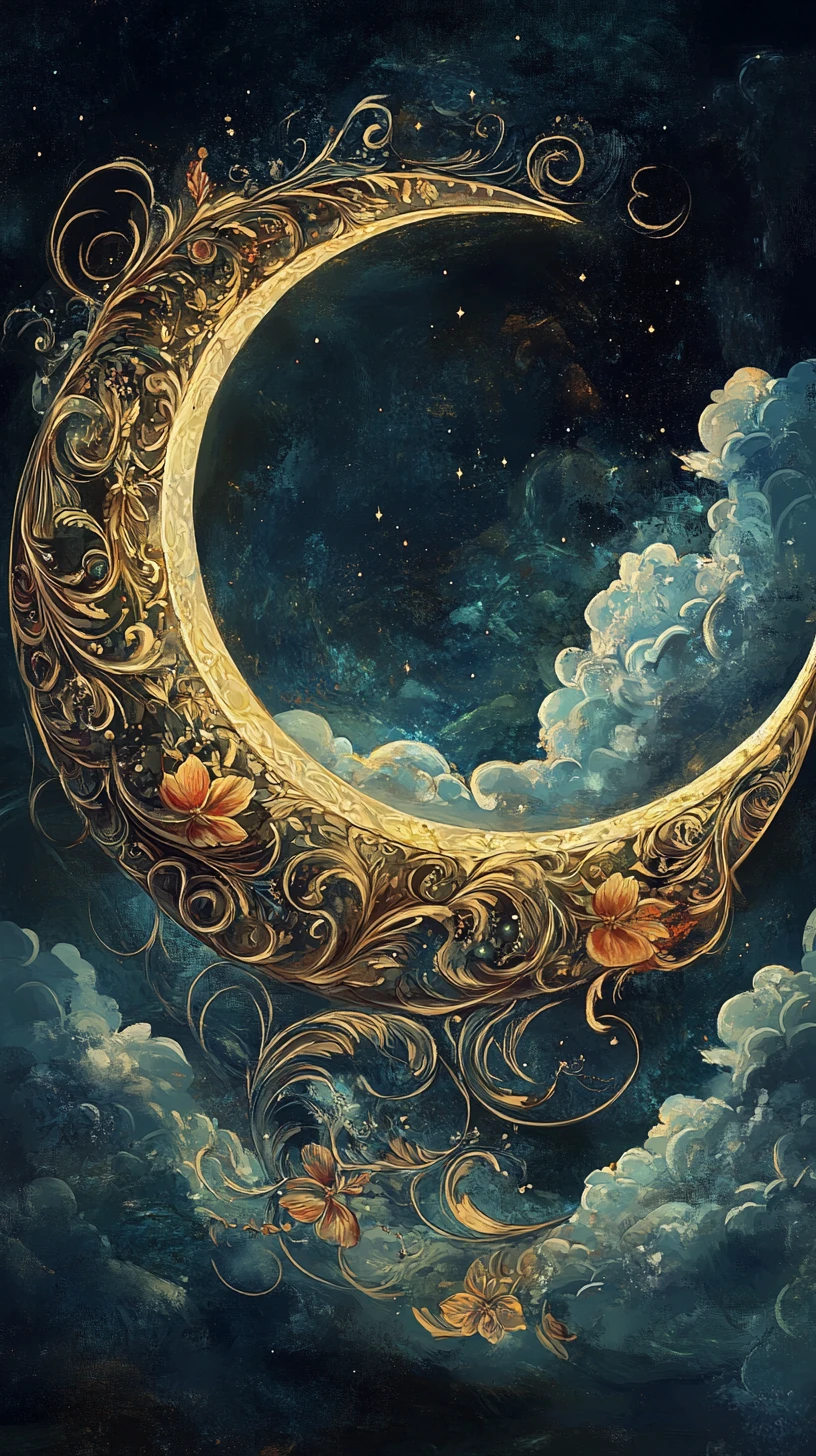 Ornate crescent moon and bear spirit in celestial space