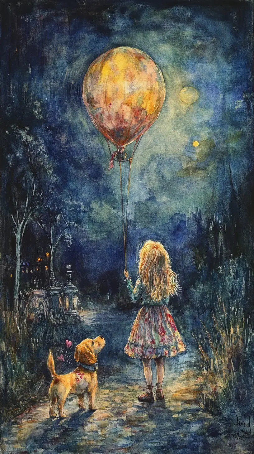 Blonde girl with her dog on a mountain street at night