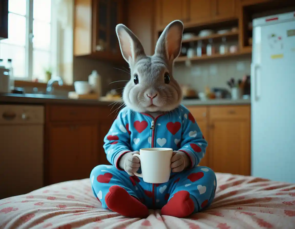 Cute gray rabbit in pajamas sitting in a cozy kitchen
