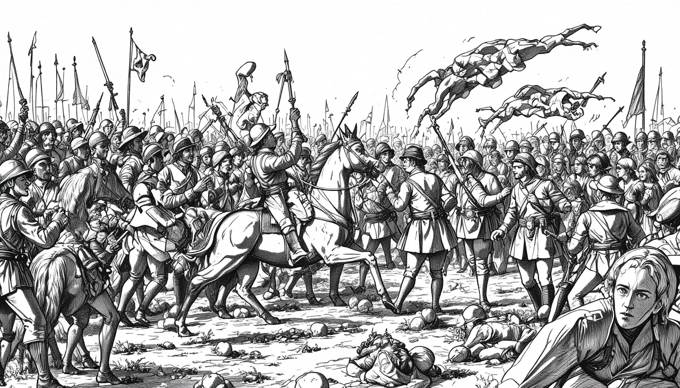 Chaotic historic battle scene with soldiers and rearing horses
