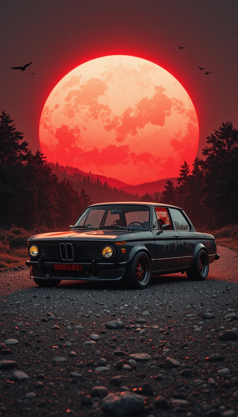 Vintage-BMW-Limousine auf Schotterstraße vor roter Sonne