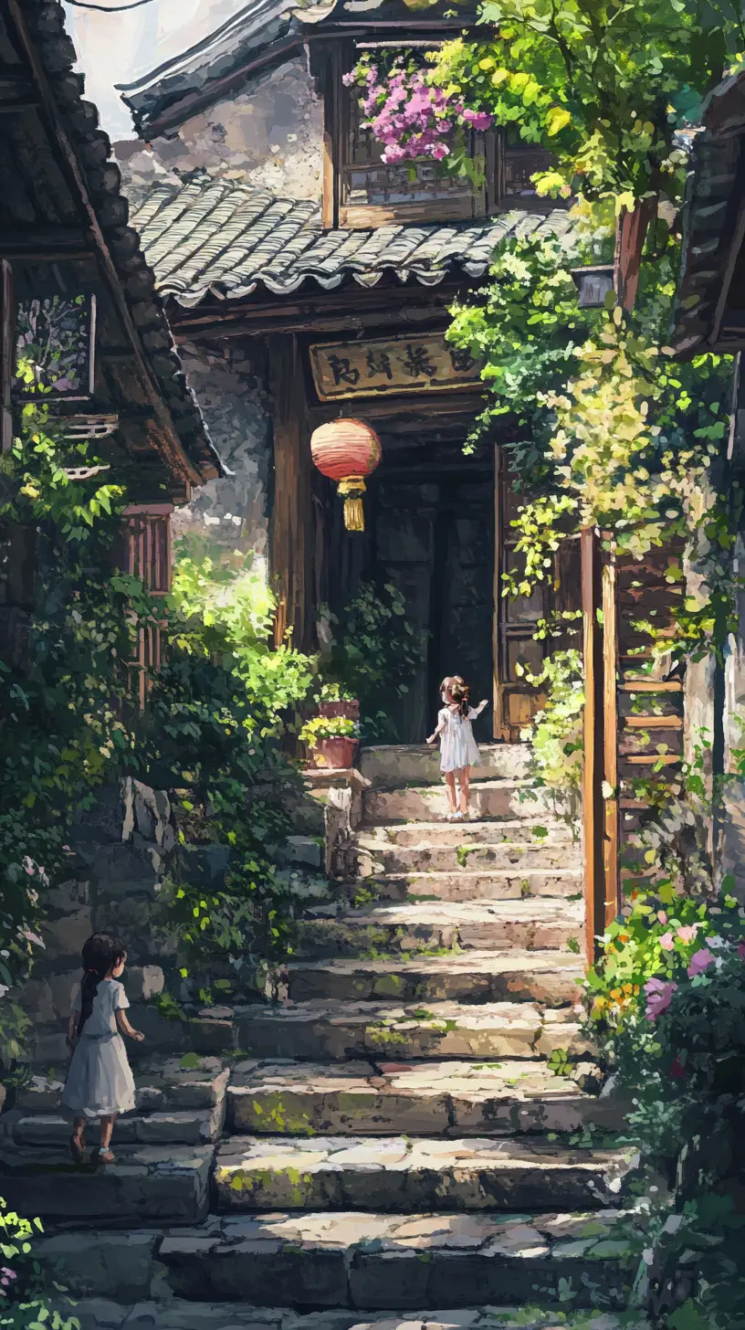 Traditional Chinese street with kids and lantern details