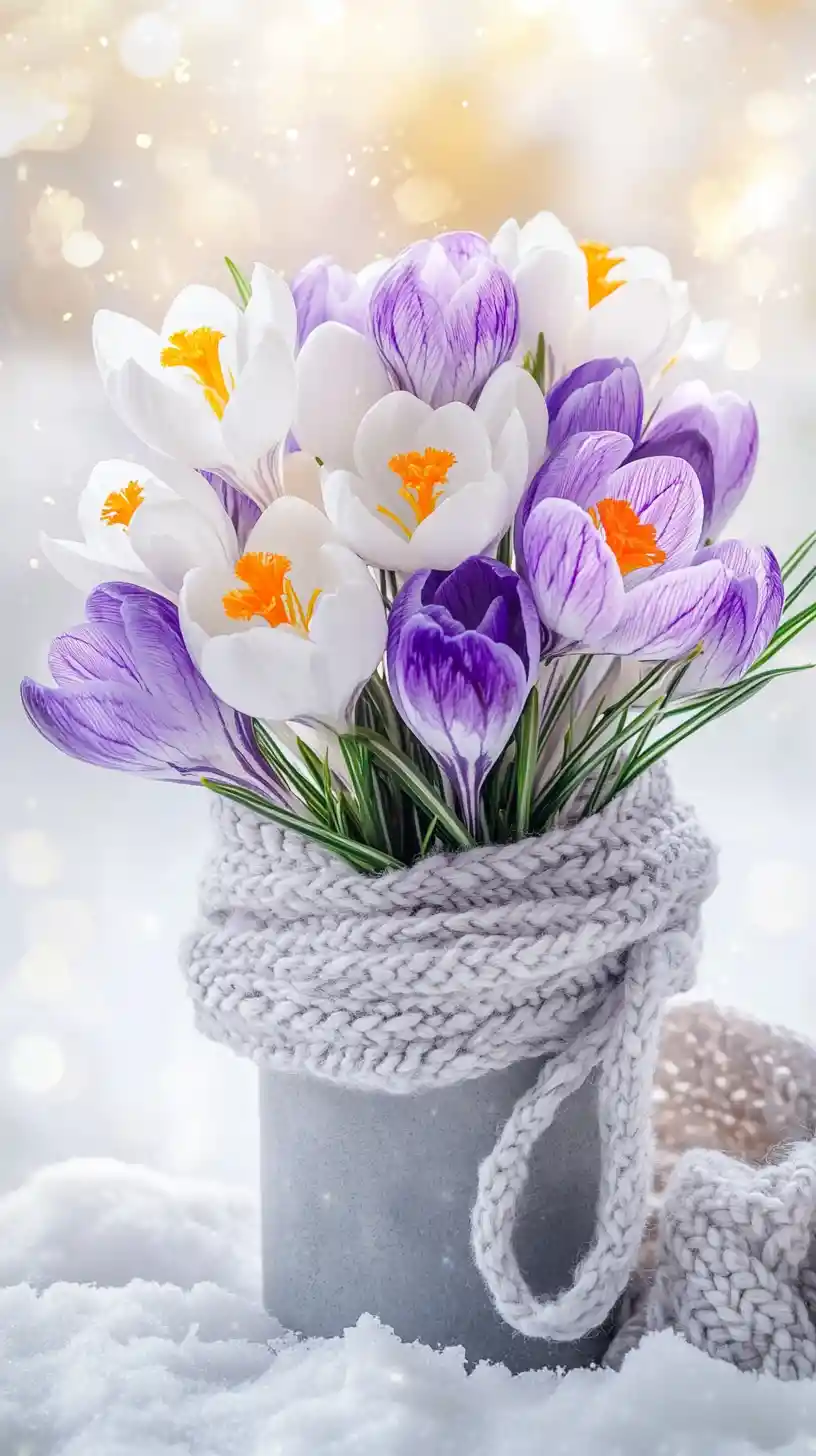 Spring crocus bouquet wrapped in scarf on fresh snow