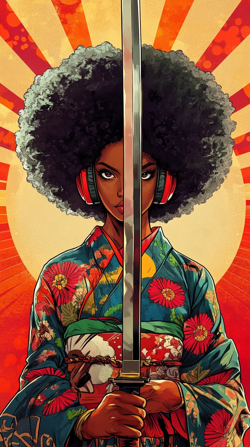 Black woman warrior with katana in pop art style