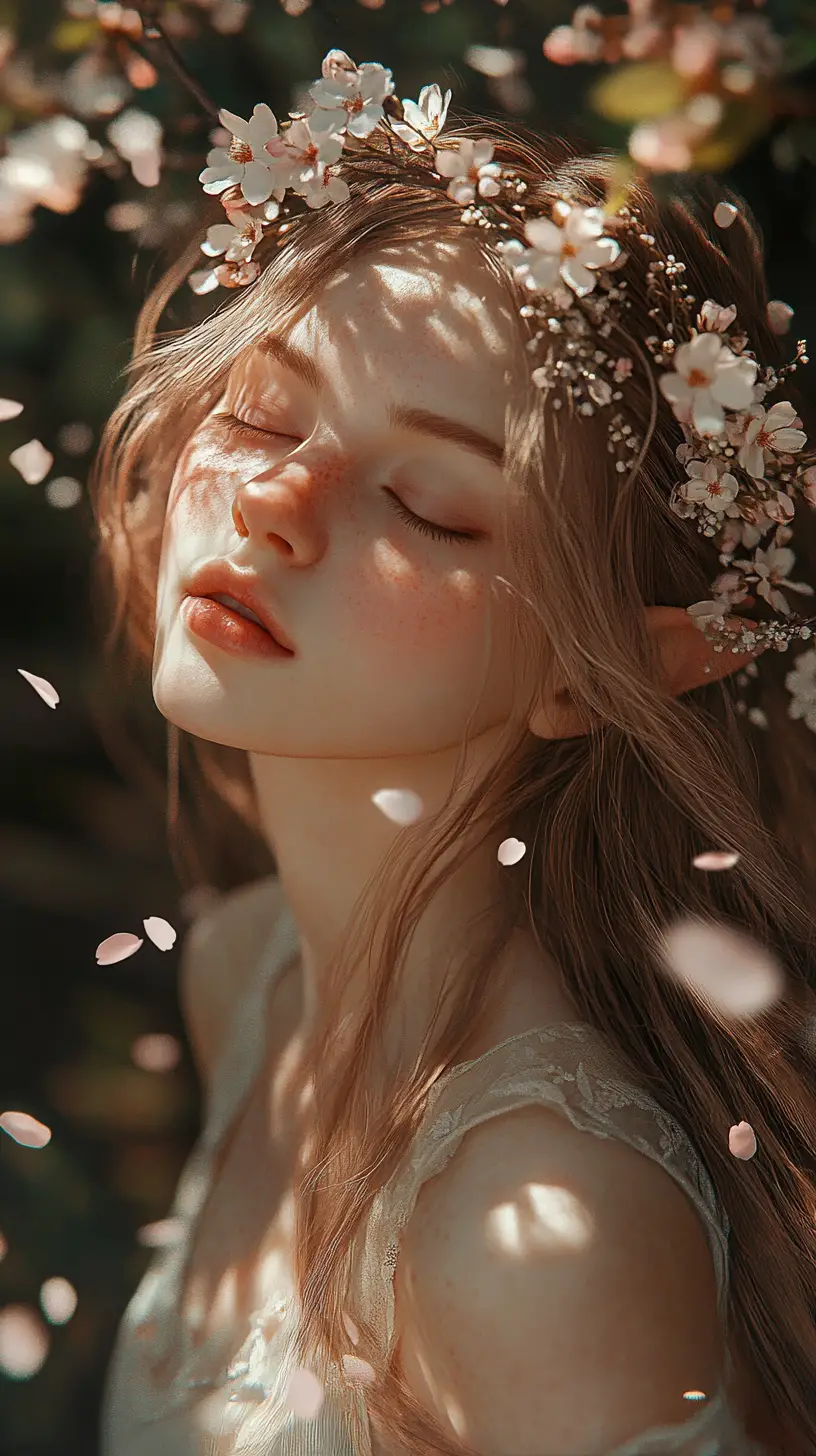 Melancholic forest nymph amid drifting cherry blossoms