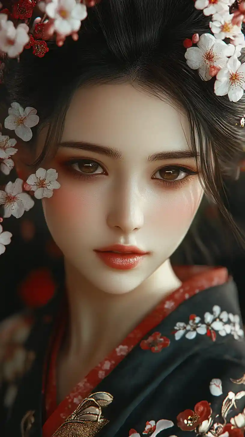 Japanese woman in dark kimono with cherry blossom hair