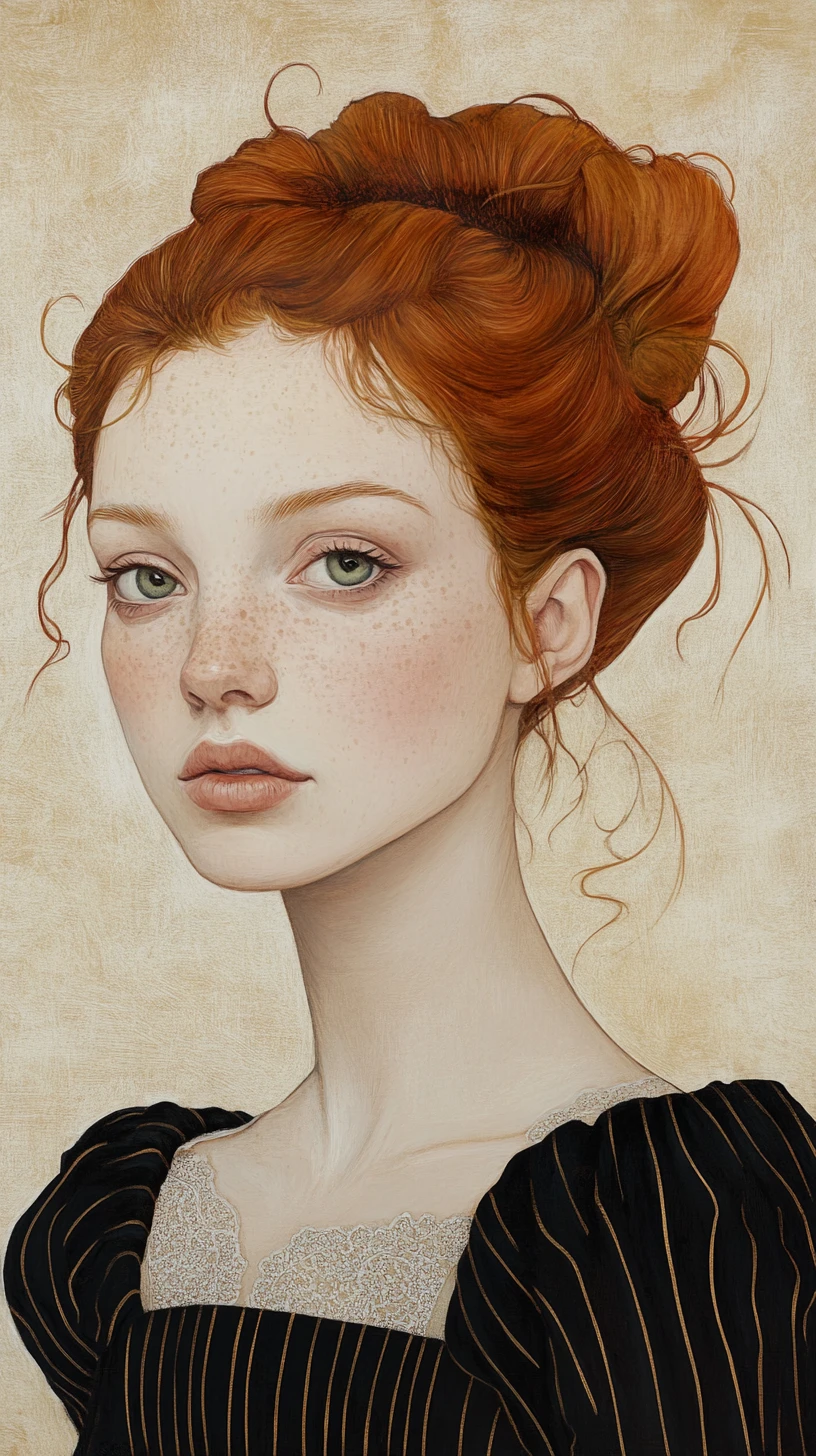 Retrato em estilo renascentista de uma garota ruiva com listras