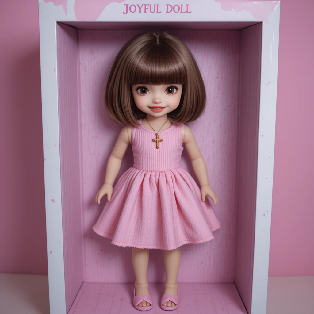 Brown haired doll in pink dress inside joyful display box