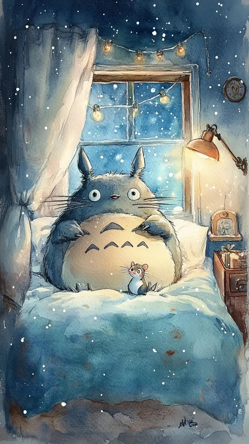 Watercolor fantasy creature resting in a cozy bedroom