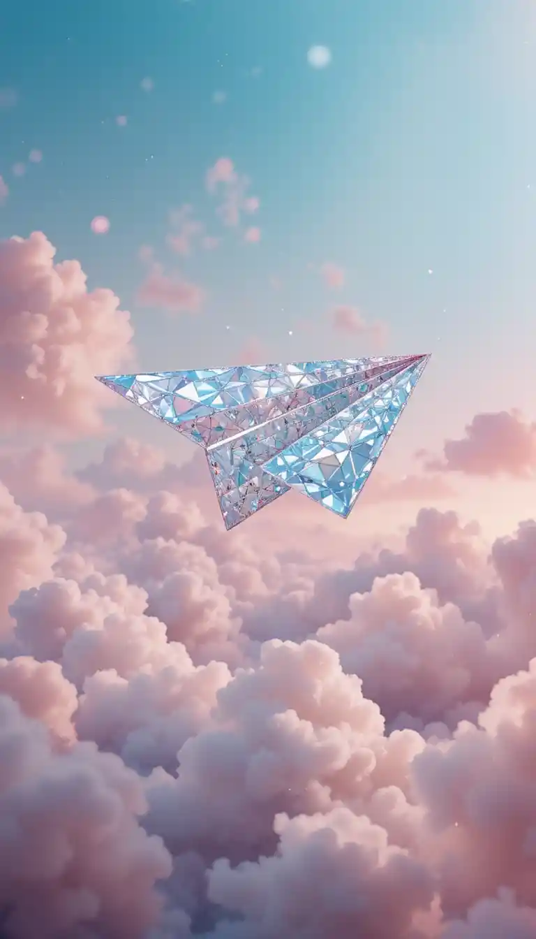 Diamond paper airplane flying across soft pastel sky