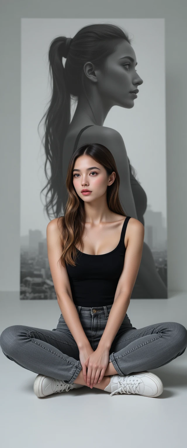 Young woman sitting cross legged in minimalist studio portrait