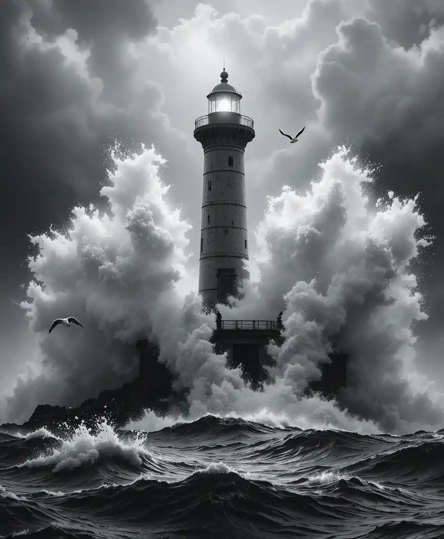 Solitary Lighthouse Battling Massive Waves In A Storm