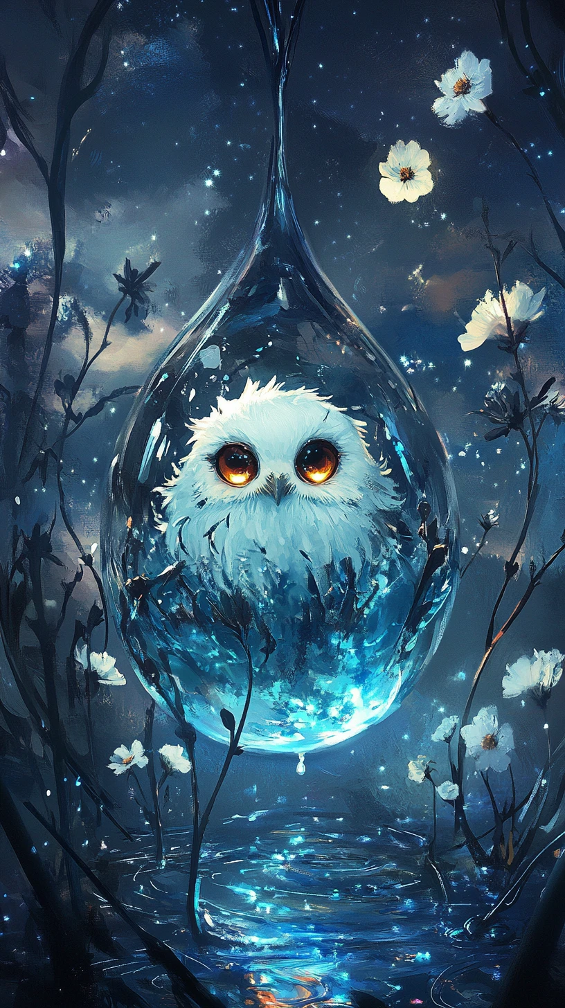 White owl glowing inside a giant mystical water droplet