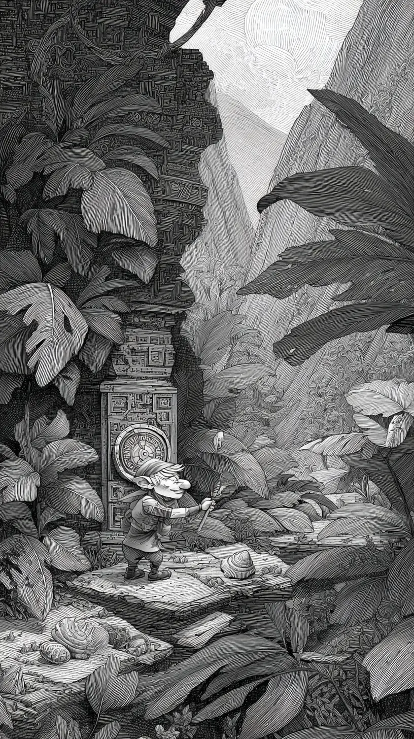 Gnome pirate explores tropical island ruins with compass