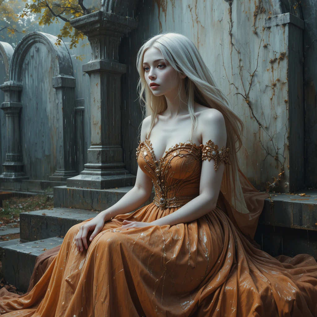 Mujer surrealista sentada con vestido de capas en un cementerio lluvioso