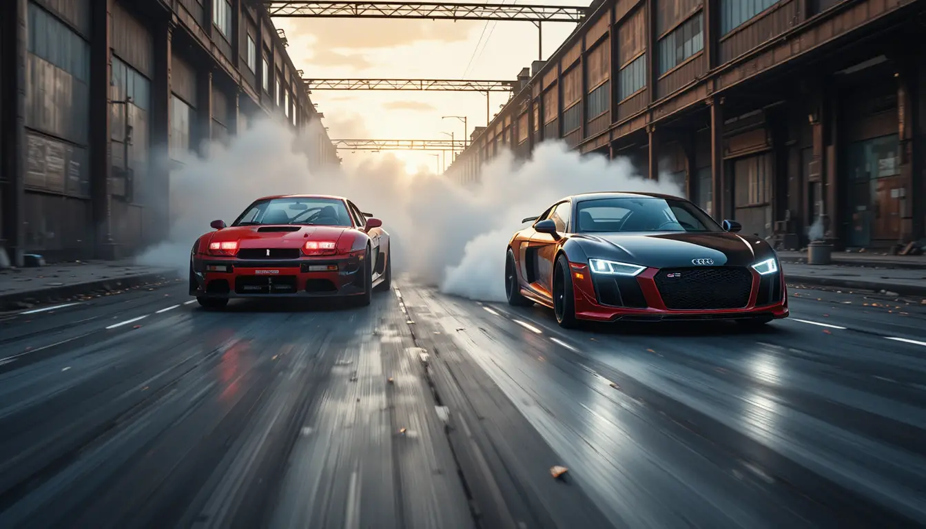 Drifting sports cars racing through a smoky industrial street