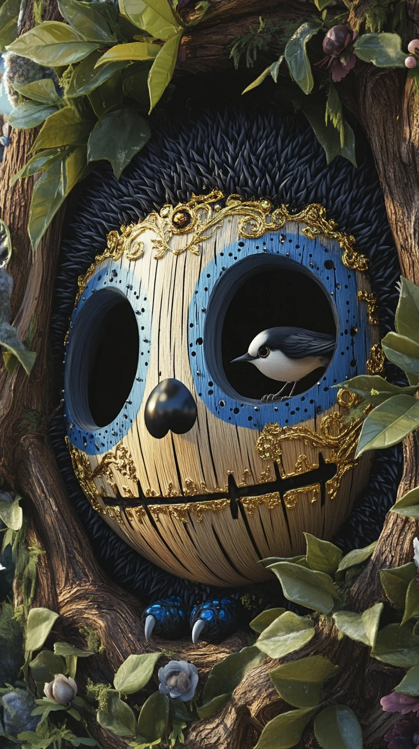 Close up pop art mask in a surreal fantasy forest