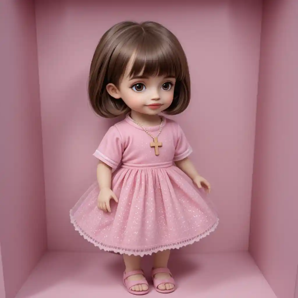 Brown haired doll in pink dress inside display box