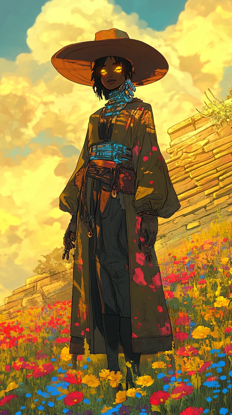Woman in traditional lele inspired outfit among vibrant flowers