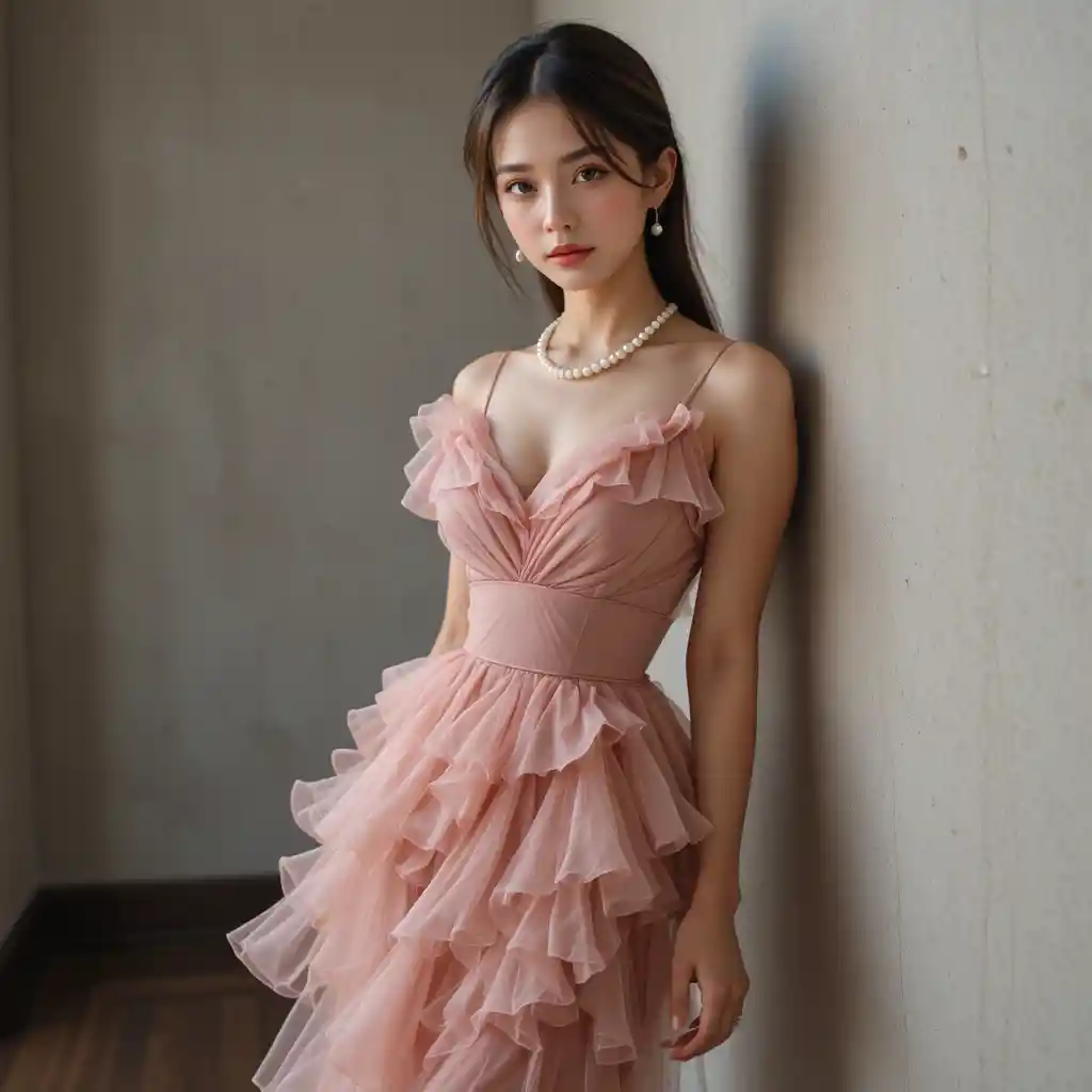 Korean woman in pink frill dress with intimate hazel gaze