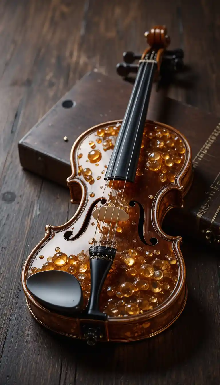 Amber gemstone violin on dark wooden stage surface