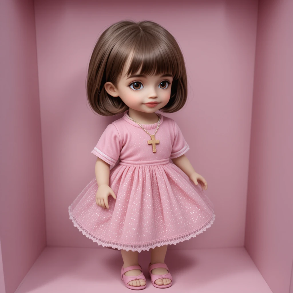 Brown haired doll in pink dress inside display box