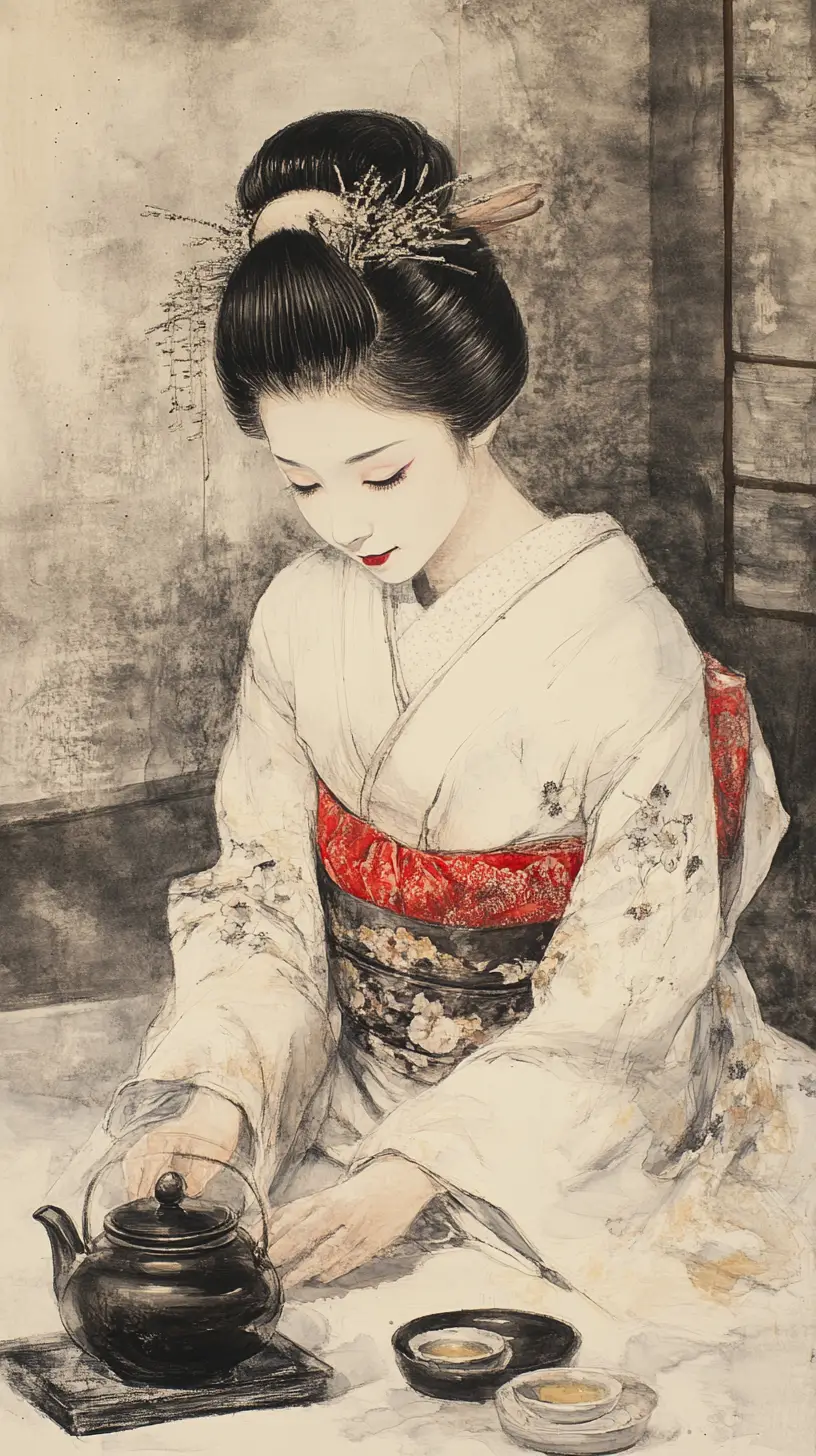 Asian geisha in white kimono with teapot in seiza pose