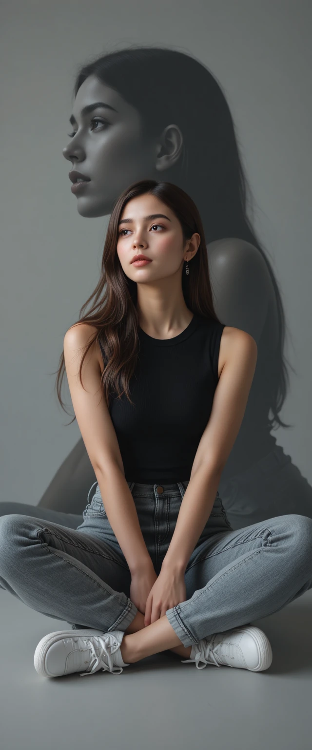Young woman sitting cross legged in modern studio portrait