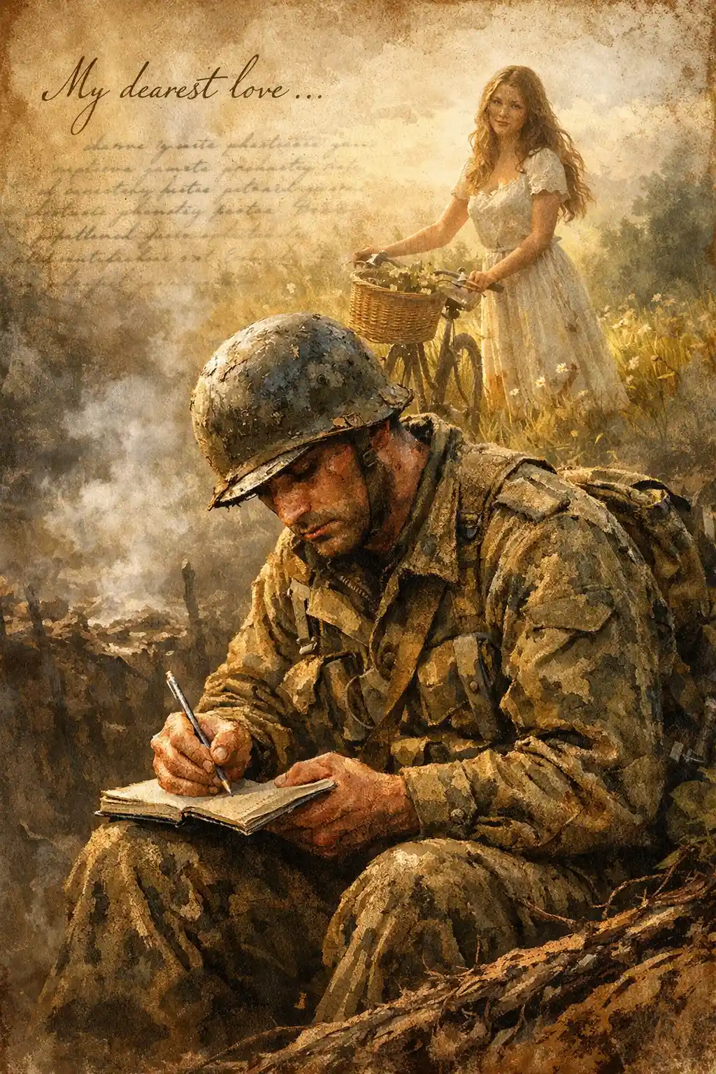Weary Soldier Writing A Letter In A Muddy Trench