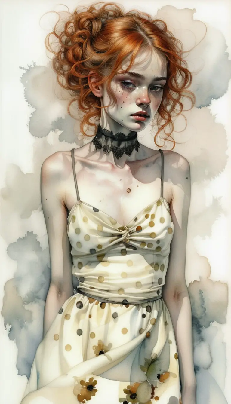 Freckled red haired woman in yellow dress with soft mist