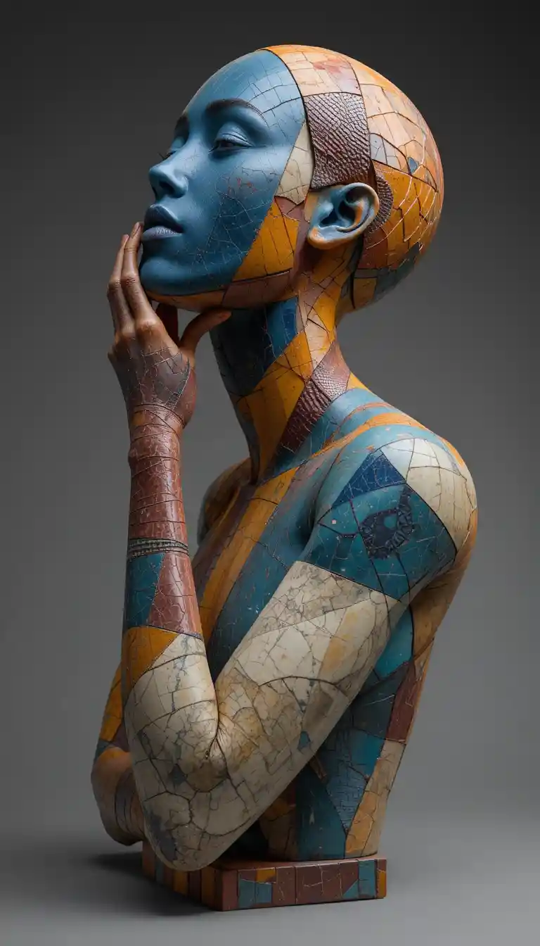 Menschliche Mosaikskulptur in nachdenklicher Pose aus der Nähe