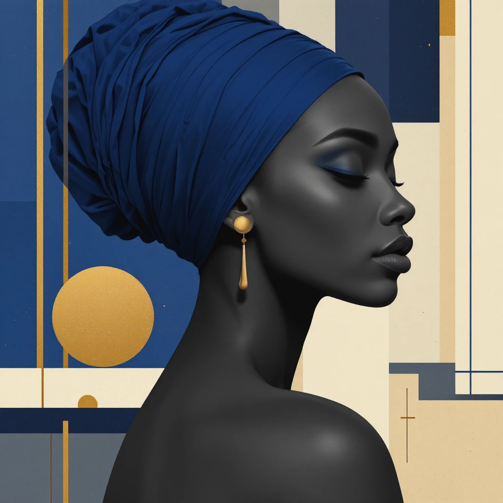 Minimalist profile portrait of a Black woman in blue headwrap